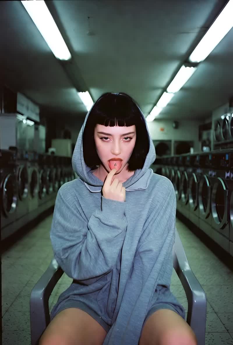 A bored young woman with dark blunt bangs, waiting for…