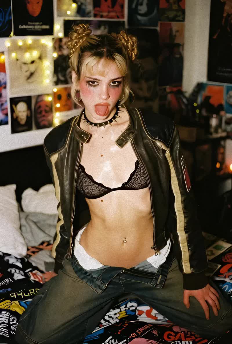 A slim toned girl with space buns and loose strands,…