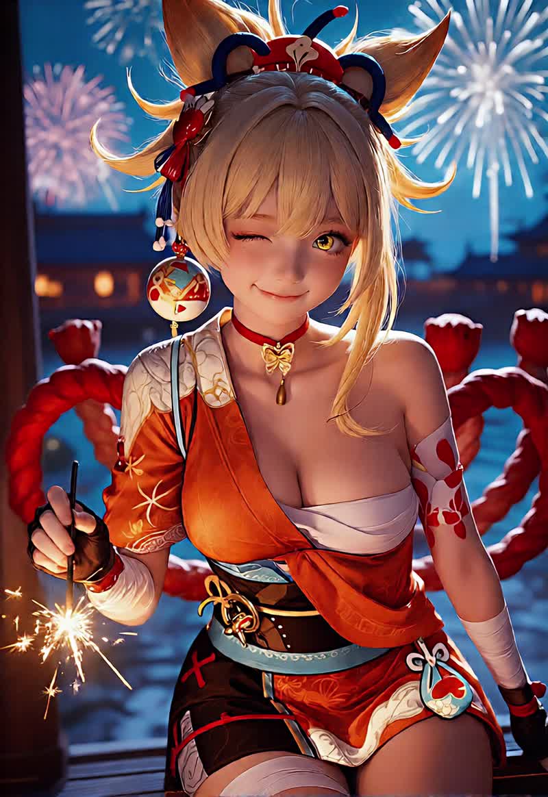 The character is winking playfully, her eyes sparkling with delight…