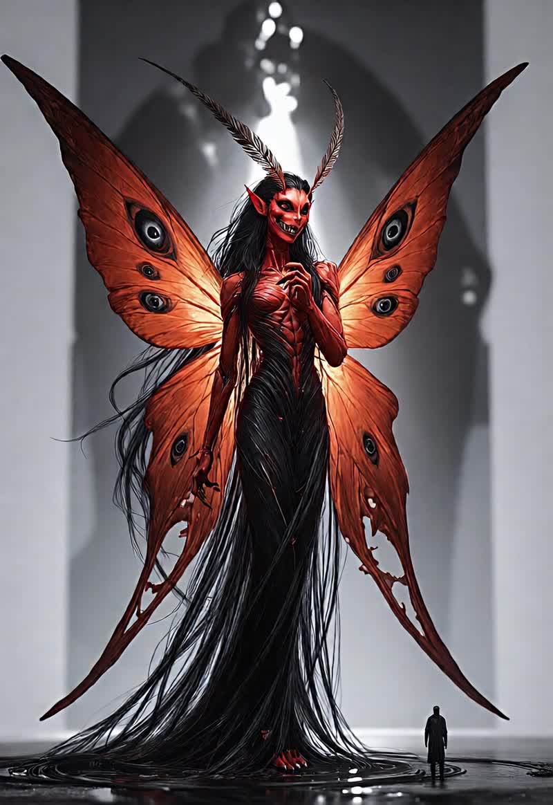 The figure’s wings slowly unfurl and pulse with a warm,…