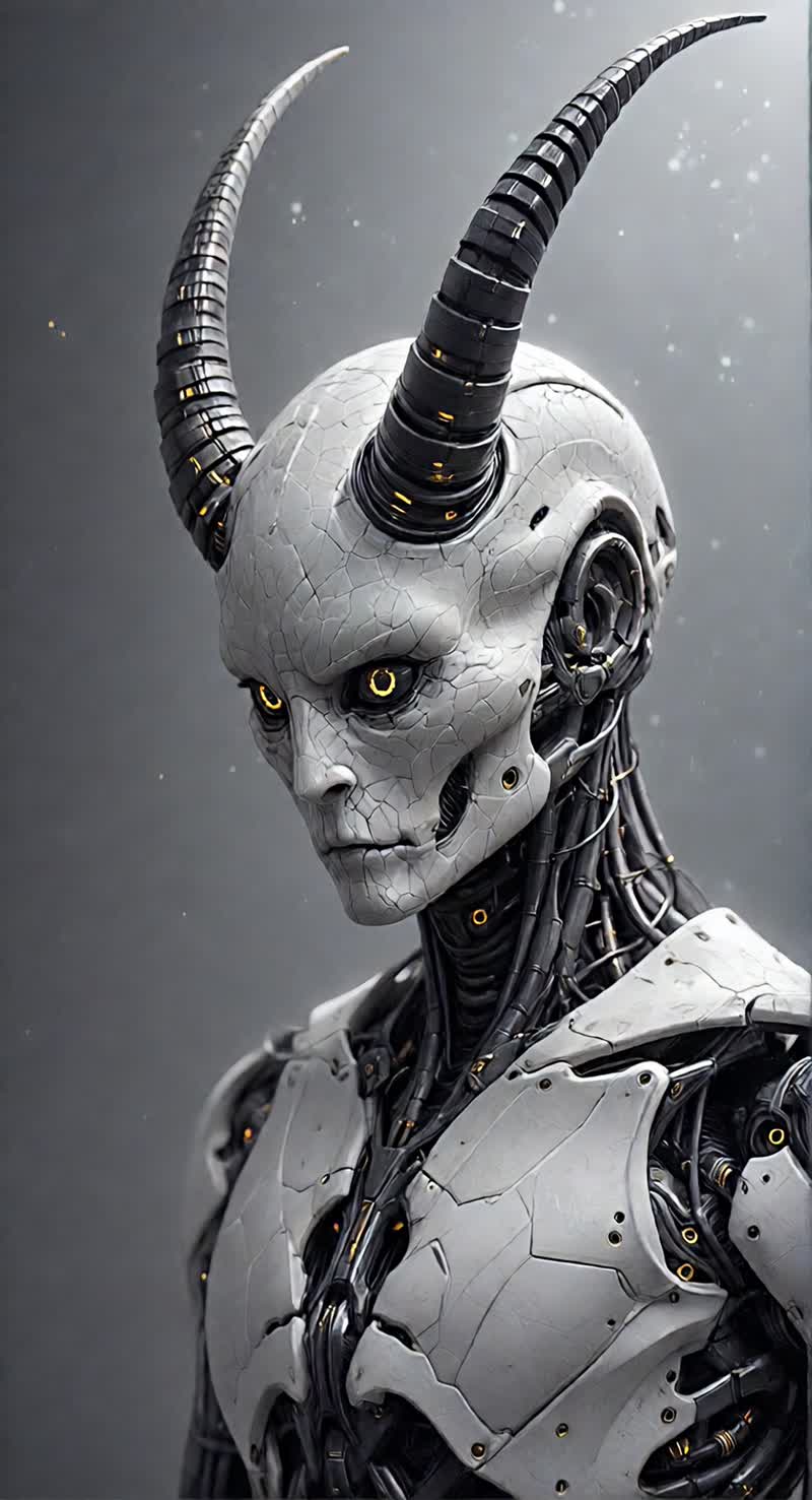 A sleek, cybernetic being with a pale, cracked-ivory skull and…