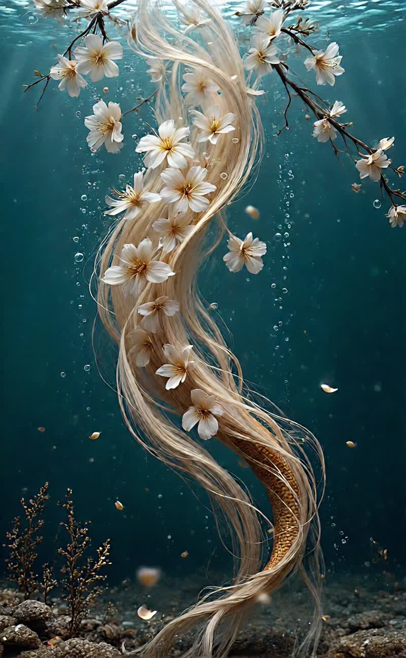 A mermaid with long, flowing blonde hair and a shimmering…
