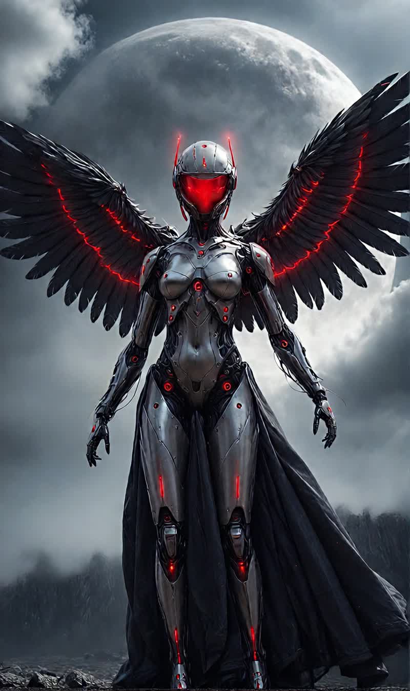A powerful, armored angel with glowing red eyes and mechanical…