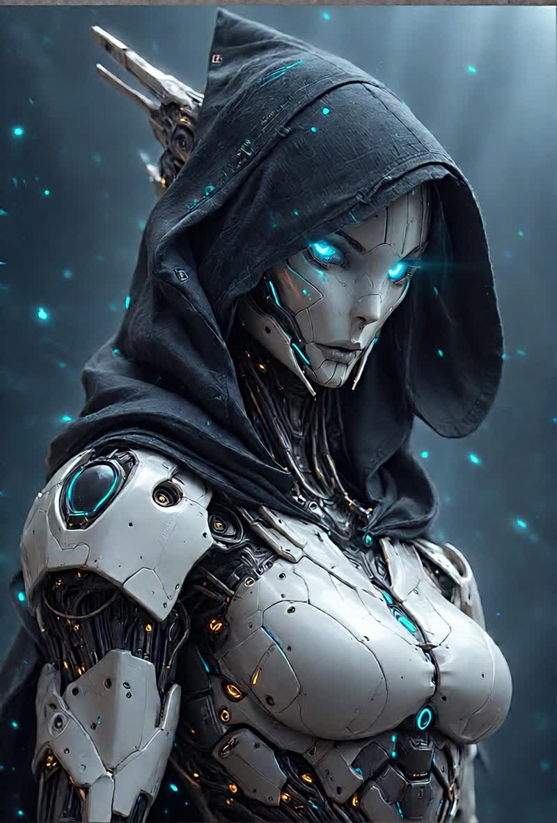 A sleek, cybernetic woman with glowing blue eyes and a…