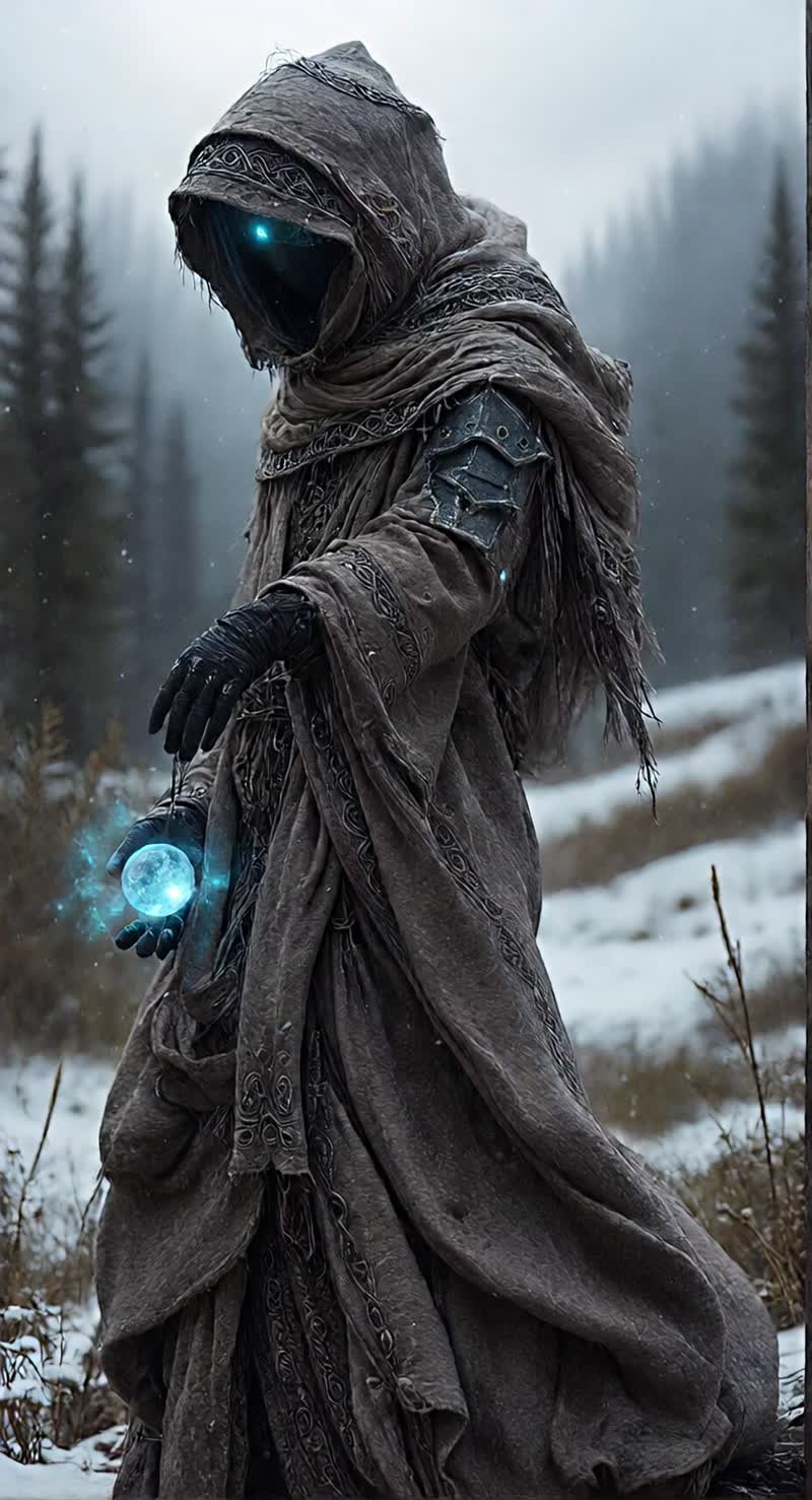 A cloaked figure, shrouded in mystery, stands in a snowy…
