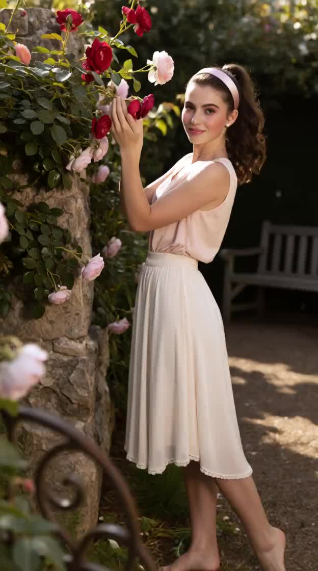 Woman dancing and smiling with shy smile, then screen goes…