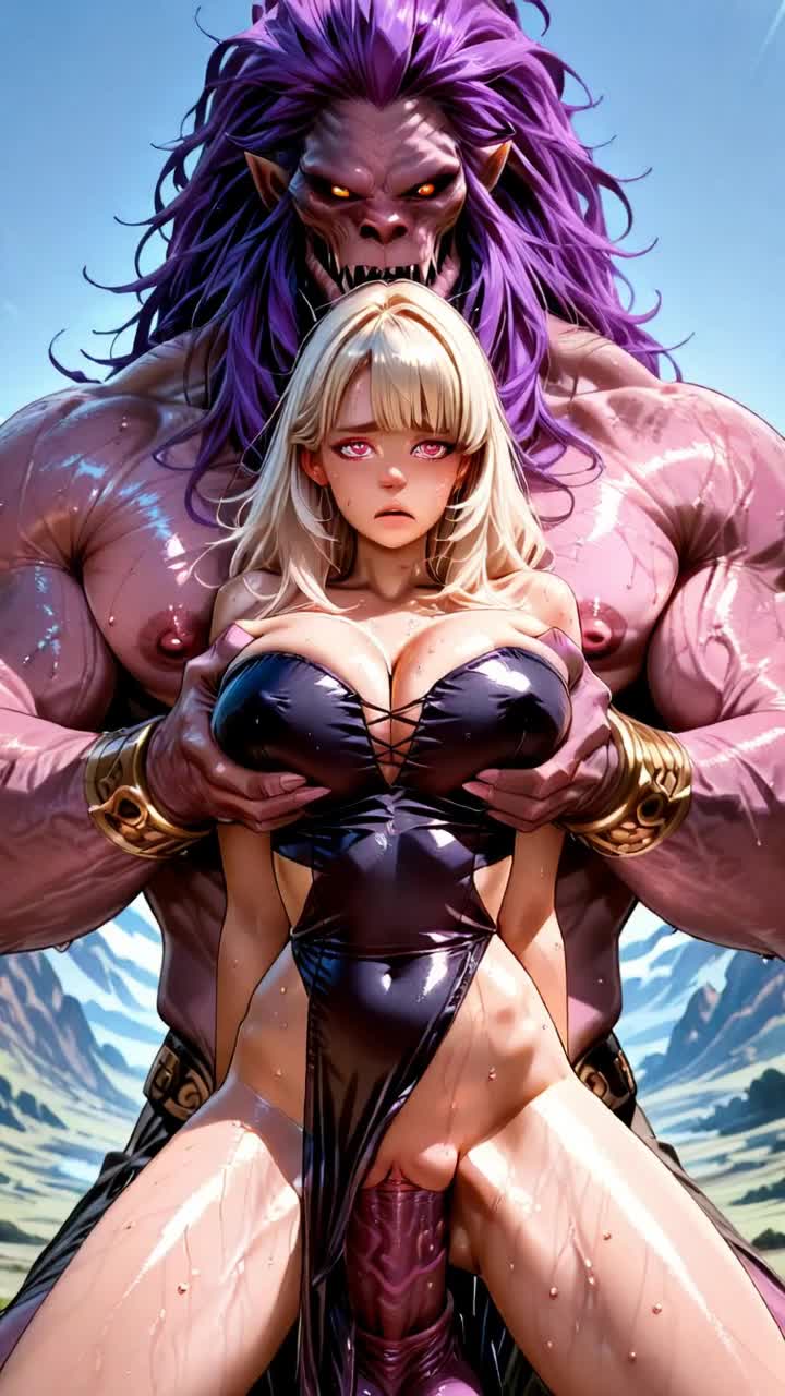 Monster caresses her breasts together running his fingers around her…