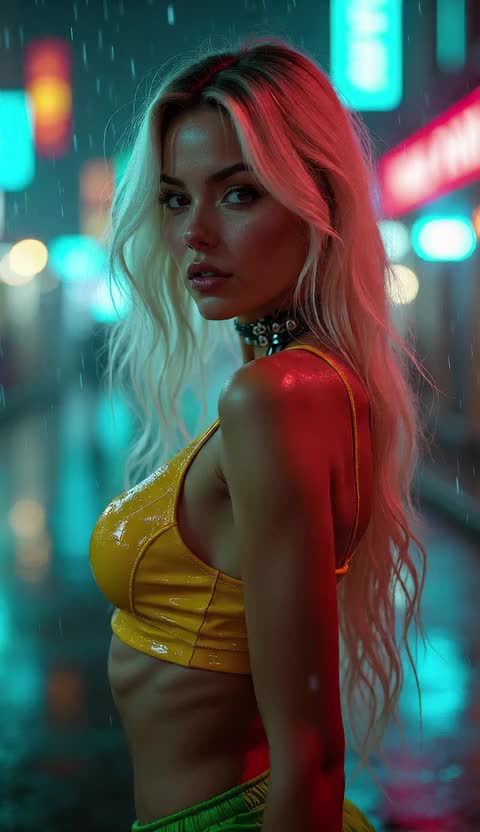 A beautiful blonde woman stands in the streets of a…