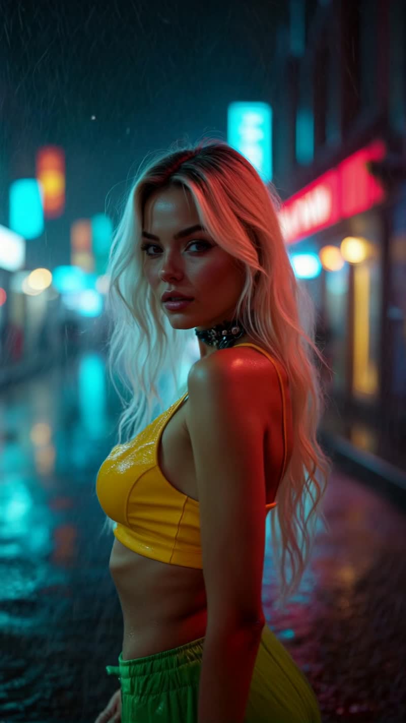 A beautiful blonde woman stands in the streets of a…